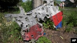 Обломок малазийского авиалайнера рейса МН 17, найденный у деревни Петропавливка. Украина. 23 июля 2014 г.