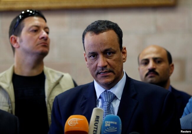 FILE - United Nations Special Envoy for Yemen, Ismail Ould Cheikh Ahmed, speaks to reporters upon his arrival at Sana'a airport on a visit to Yemen. May 22, 2017.