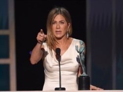 Jennifer Aniston accepts the award for outstanding performance by a female actor in a drama series for "The Morning Show" at the 26th annual Screen Actors Guild Awards at the Shrine Auditorium &amp; Expo Hall, Jan. 19, 2020, in Los Angeles.