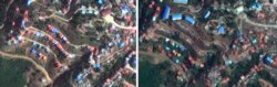 This combination of two satellite images provided by Maxar Technologies shows a comparison view of Jan. 6, 2018, left, and Dec. 18, 2021, right, before and after fires that recently burned numerous homes and structures in the town of Thantlang, Myanmar.