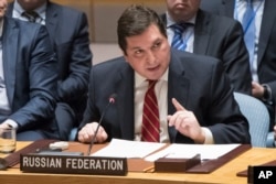 Russia's deputy U.N. ambassador Vladimir Safronkov speaks during a Security Council meeting on the situation in Syria, April 7, 2017, at United Nations headquarters.