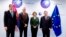 Predsednik Srbije Tomislav Nikolić, premijer Ivica Dačić i potpredsednik Vlade Aleksandar Vučić sa visokom predstavnicom Evropske unije Ketrin Ešton