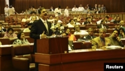 Pakistan Prime Minister Yusuf Raza Gilani speaks during parliament session in Islamabad May 9, 2011.
