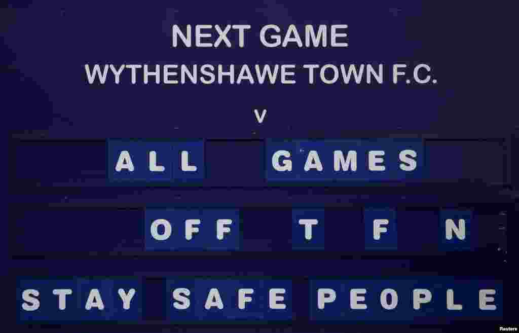 General view of a sign at Wythenshawe Town F.C. as the number of coronavirus (COVID-19) cases grow around the world, in Wythenshawe, Britain.