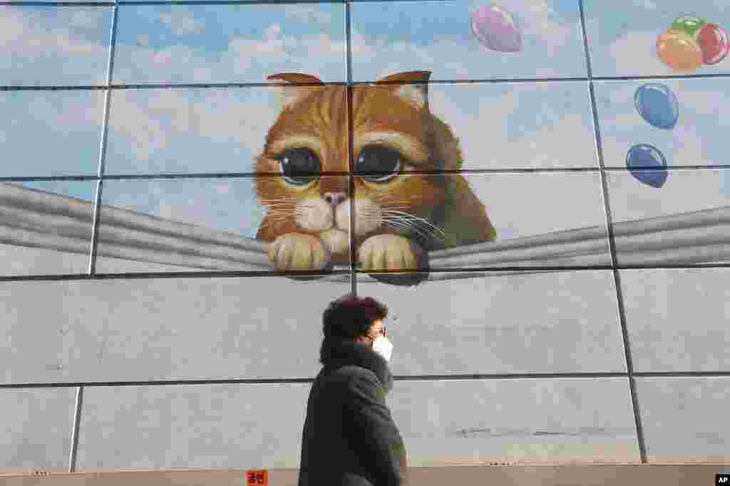 A woman wearing a face cover against the coronavirus walks by a painting on a wall of a shopping center in Seoul, South Korea.