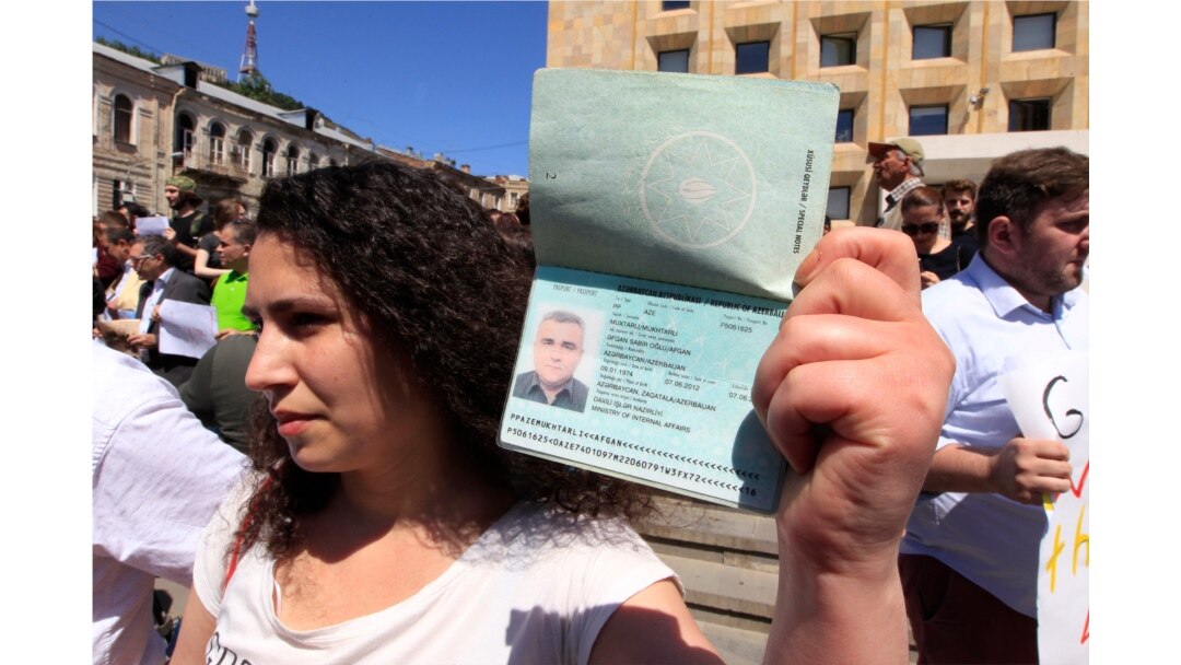 FILE - Leyla Mustafayeva, wife of Azerbaijani journalist Afgan Mukhtarli, attends a rally in Tbilisi, Georgia, May 31, 2017.