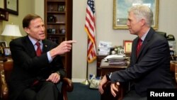 U.S. Supreme Court nominee Judge Neil Gorsuch, right, meets with Senator Richard Blumenthal, a Connecticut Democrat, on Capitol Hill in Washington, Feb. 8, 2017.