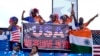 Fans of the United States cricket team cheer before an ICC Men's T20 World Cup cricket match between the United States and Ireland at the Central Broward Regional Park Stadium in Lauderhill, Fla., June 14, 2024. The match was abandoned due to rain. 