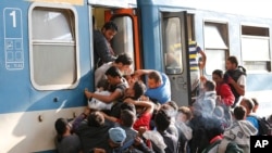 Migrants struggle to board a train at the railway station in Budapest, Hungary, Thursday, Sept. 3, 2015.