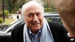 President of FIFA Sepp Blatter arrives at the Culloden Hotel, Belfast, Northern Ireland on Feb. 27, 2015. (AP Photo/Peter Morrison, File)