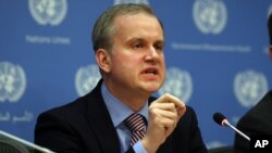 Danylo Lubkivsky, deputy foreign minister of Ukraine, speaks to the media at the United Nations in New York, April 25, 2014.