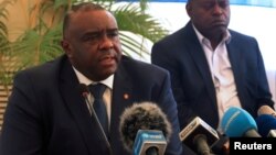 FILE - Congolese opposition leader Jean-Pierre Bemba of the Movement for the Liberation of the Congo (MLC) addresses a news conference in Kinshasa, Democratic Republic of Congo, Aug. 3, 2018. 