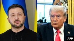 This combination of photos created on Feb. 25, 2025 shows Ukraine's President Volodymyr Zelenskyy, left, on Feb. 12, 2025, and U.S. President Donald Trump on Feb. 25, 2025.