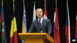 FILE - Montenegro's Prime Minister Milo Djukanovic speaks at the NATO Parliamentary Assembly Spring session in Tirana, May 30, 2016, expressing gratitude for his country's invitation to become an alliance member. 