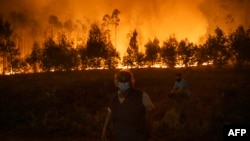 People stand watching the progression of a wildfire at Veiga village in Agueda, Aveiro, Sept. 17, 2024. Stifling heat and strong winds have fanned a spate of forest fires across the north and centre of the country that have killed seven people dead since the weekend.