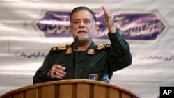 FILE - Iranian Revolutionary Guard Gen. Abbas Nilforushan addresses a meeting in Tehran, Iran, Feb. 5, 2024. Nilforushan died in an Israeli airstrike, Sept. 27, 2024, that killed Hezbollah leader Hassan Nasrallah in Beirut, Lebabon, according to Iranian media reports.