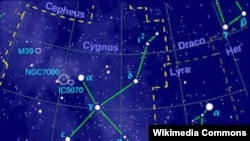 The Northern Cross of the Cygnus constellation is seen in this stellar map. Astronomers believe two stars in this system are going to collide in five years. 