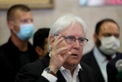 United Nations special envoy to Yemen, Martin Griffiths, gestures during a news conference at Sanaa Airport, in Sanaa, Yemen, May 31, 2021.