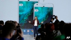 Sabrina Ellis, Google director of product management, talks about the new Google Pixel phone during a product event in San Francisco, California, Oct. 4, 2016. 