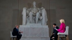President Donald Trump speaks during a Fox News virtual town hall from the Lincoln Memorial, May 3, 2020, in Washington.
