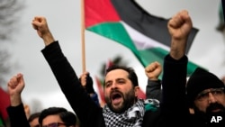 FILE—People protest in support of Palestinians in Gaza during a protest rally in Istanbul, Turkey, Feburary 17, 2024, amid the ongoing war between Israel and Hamas.