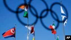 The North Korean flag, left, flies among flags from many nations at the Olympic Village at the 2018 Winter Olympics in Gangneung, South Korea, Feb. 1, 2018.