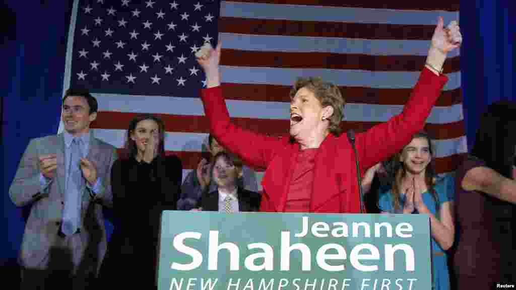 Democratic U.S. Senator Jeanne Shaheen of New Hampshire celebrates her re-election victory over challenger Scott Brown at her midterm election night rally in Manchester, Nov. 4, 2014.