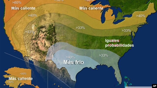 Pronóstico de temperaturas para el invierno 2015, según datos de la Administración Nacional Oceánica y Atmosférica de Estados Unidos.