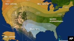 Pronóstico de temperaturas para el invierno 2015, según datos de la Administración Nacional Oceánica y Atmosférica de Estados Unidos.