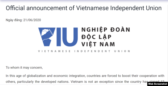 Thông báo thành lập của Nghiệp đoàn Độc lập Việt Nam hôm 21/06/2020. Photo VietnamIndependentUnion.org