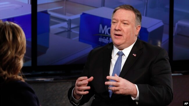 U.S. Secretary of State Mike Pompeo is interviewed by Maria Bartiromo during her "Mornings with Maria Bartiromo" program on the Fox Business Network, in New York, Feb. 21, 2019.