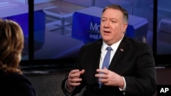 U.S. Secretary of State Mike Pompeo is interviewed by Maria Bartiromo during her "Mornings with Maria Bartiromo" program on the Fox Business Network, in New York, Feb. 21, 2019.