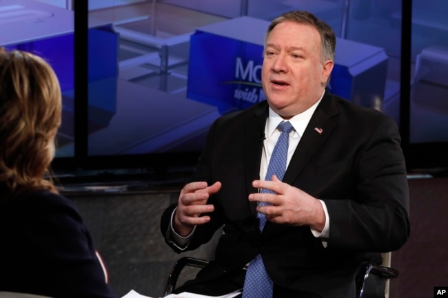 U.S. Secretary of State Mike Pompeo is interviewed by Maria Bartiromo during her "Mornings with Maria Bartiromo" program on the Fox Business Network, in New York, Feb. 21, 2019.