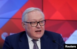 FILE - Russian Deputy Foreign Minister Sergei Ryabkov speaks during a news conference in Moscow, Russia, Feb. 7, 2019.