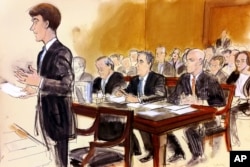 In this courtroom sketch, President Donald Trump's personal attorney Michael Cohen, seated second from right at table, is flanked by his own attorneys Todd Harrison, right, and Stephen Ryan, as they listen to Assistant U.S. Attorney Tom McKay, standing left, in court in New York, April 16, 2018. A legal fight over what should happen to records the FBI seized from Cohen took a surprise twist when he was forced to reveal that he had also done legal work for Fox News host Sean Hannity.