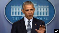 지난 14일 바락 오바마 대통령이 백악관에서 기자회견을 하고 있다.