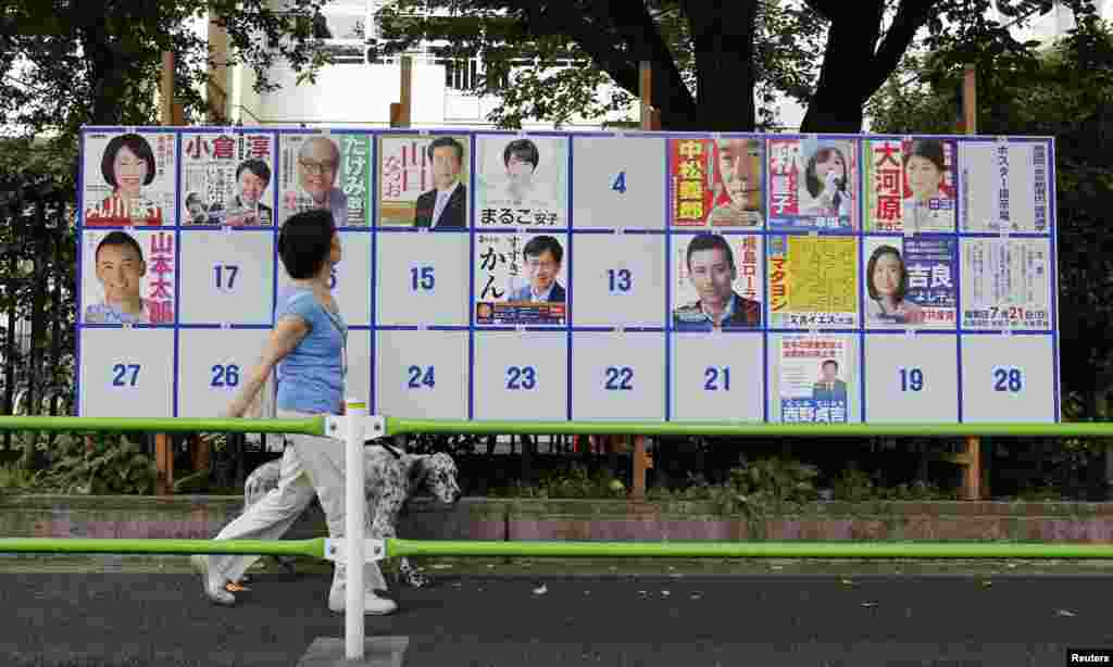 A woman with a dog walks past a poster of election candidates for the upper house election near a polling station in Tokyo, July 21, 2013.