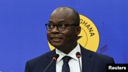 FILE — Ernest Addison, the Governor of Ghana's Central Bank talks during the Monetary Policy Committee new conference held in the capital, Accra, March 21, 2022.