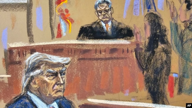 ARCHIVO - Donald Trump se sienta mientras los jurados finales toman juramento durante su juicio penal por cargos de falsificación de registros comerciales en el tribunal estatal de Manhattan en Nueva York, el 19 de abril de 2024, en este boceto de la sala del tribunal.