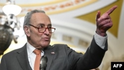 FILE - U.S. Senate Majority Leader Chuck Schumer speaks to the press at the U.S. Capitol in Washington on March 6, 2024. Schumer said on March 14 that Israel should hold new elections and that Prime Minister Benjamin Netanyahu risks making Israel a "pariah" in world affairs.