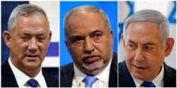 A combination picture shows leader of Blue and White party, Benny Gantz in Rosh Ha'ayin, Israel, Avigdor Lieberman, head of Yisrael Beitenu party in Tel Aviv, Israeli PM Benjamin Netanyahu in the Jordan Valley, in the Israeli-occupied West Bank.