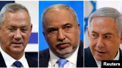 A combination picture shows leader of Blue and White party, Benny Gantz in Rosh Ha'ayin, Israel, Avigdor Lieberman, head of Yisrael Beitenu party in Tel Aviv, Israeli PM Benjamin Netanyahu in the Jordan Valley, in the Israeli-occupied West Bank. 