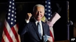 FILE - Democratic presidential candidate former Vice President Joe Biden speaks to supporters in Wilmington, Delaware, Nov. 4, 2020. 