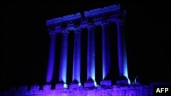 FILE - Part of the temples of Baalbek, a UNESCO satellite   practice  tract  successful  Lebanon's eastbound   Bekaa Valley, illuminated successful  bluish  light, Oct. 24, 2015.