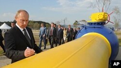 Russia's Prime Minister Vladimir Putin signs an autograph on a natural gas pipeline Sakhalin-Khabarovsk-Vladivostok in the Russian Far East city of Vladivostok during the pipeline's launch ceremony, September 8, 2011.