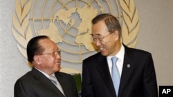 Ban Ki-moon, right, Secretary General of United Nations meets with Hor Namhong, deputy prime minister and foreign minister of Cambodia, left, at United Nations, September 2010. 