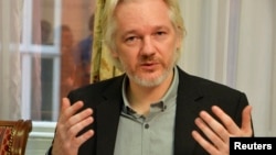 FILE - WikiLeaks founder Julian Assange gestures during a news conference at the Ecuadorian embassy in central London August 18, 2014.