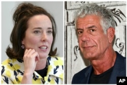 This combination of 2004 and 2016 file photos shows fashion designer Kate Spade and chef Anthony Bourdain in New York.