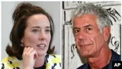 This combination of 2004 and 2016 file photos shows fashion designer Kate Spade and chef Anthony Bourdain in New York. 