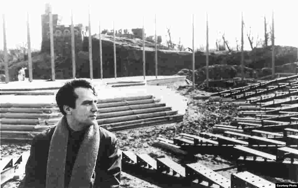 Joe Papp amid construction of the Delacorte Theater in 1961. (Photo Courtesy of The Public Theater)